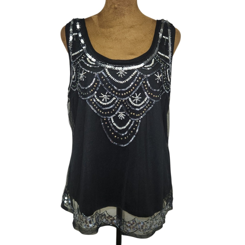 VTG Y2K Angie Womens Tank Top Black Layered Sequins Whimsigoth Beaded M